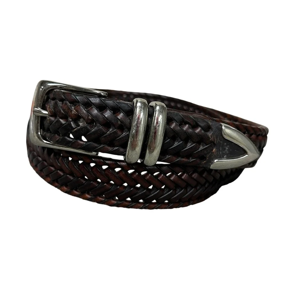 Dark Brown Braided Genuine Leather Belt Silver Tone Buckle Metal Tip 42 HP55003